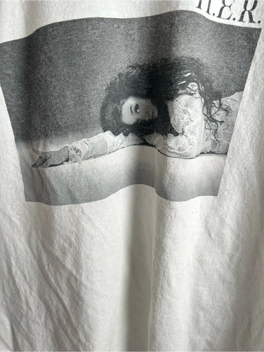 White Graphic Home Art Poster-Style Print Tee shirt of H.E.R.